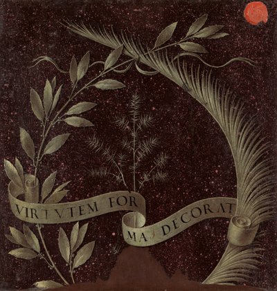 Kranz aus Lorbeer, Palme und Wacholder mit einer Schriftrolle, die Virtutem Forum Decorat (Rückseite) von Leonardo da Vinci